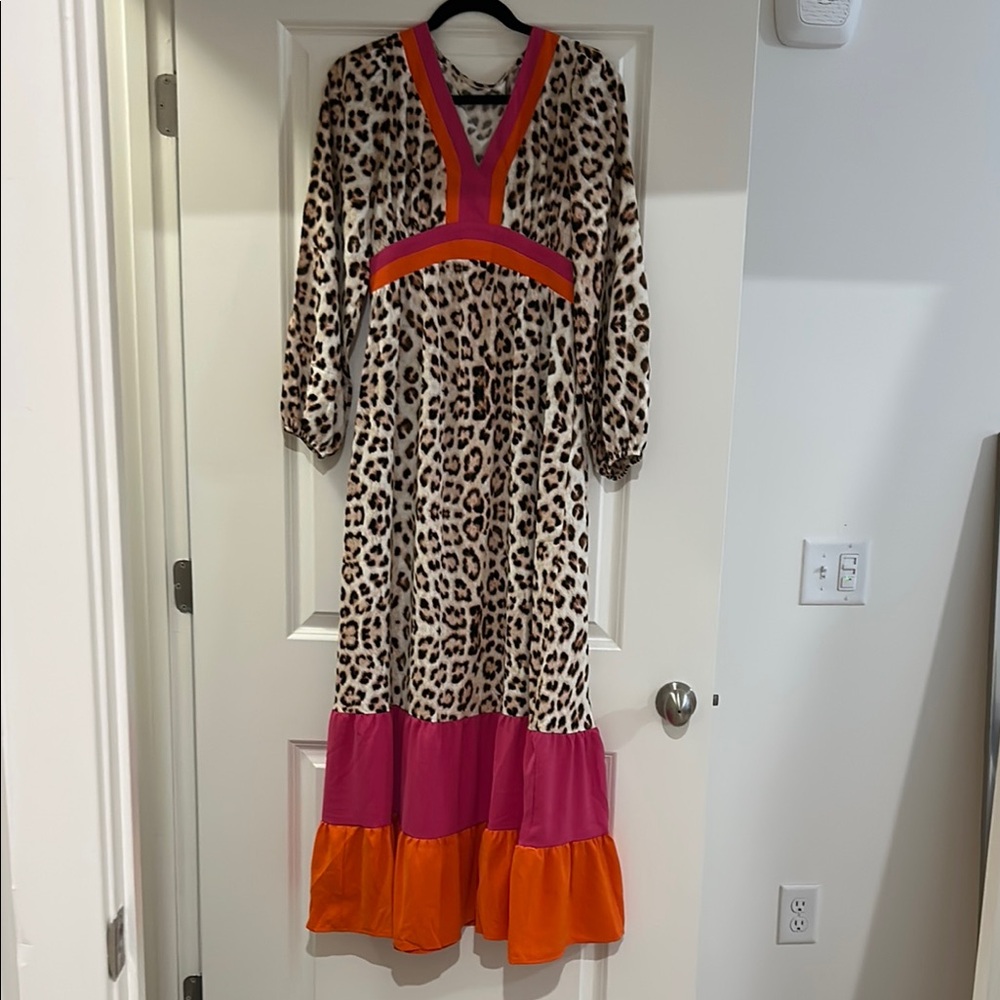 Leopard Print Maxi Dress with Pink and Orange Accents